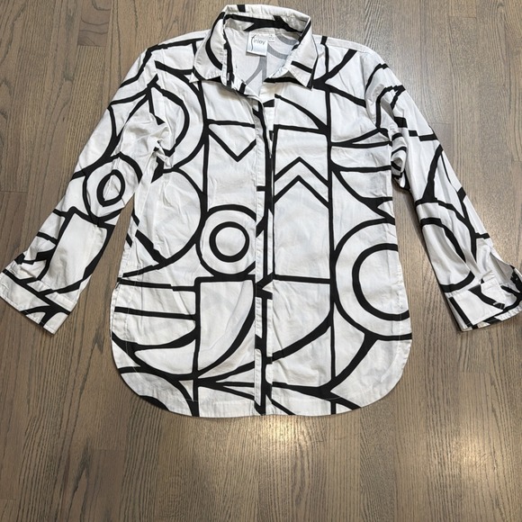 Finley Tops - Finley White W/Black Geometric Print Long Sleeve Button Down - Women's Sz L